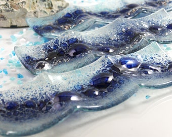 STREAMS Sea Glass Handmade Trinket Tray, Blue Bubbles, sushi dish OOAK