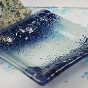 SHORES Sea Glass Handmade Trinket Tray, Blue Bubbles, square dish OOAK image 1