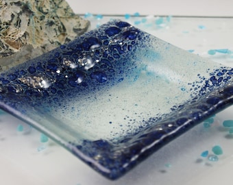 SHORES Sea Glass Handmade Trinket Tray, Blue Bubbles, square dish OOAK