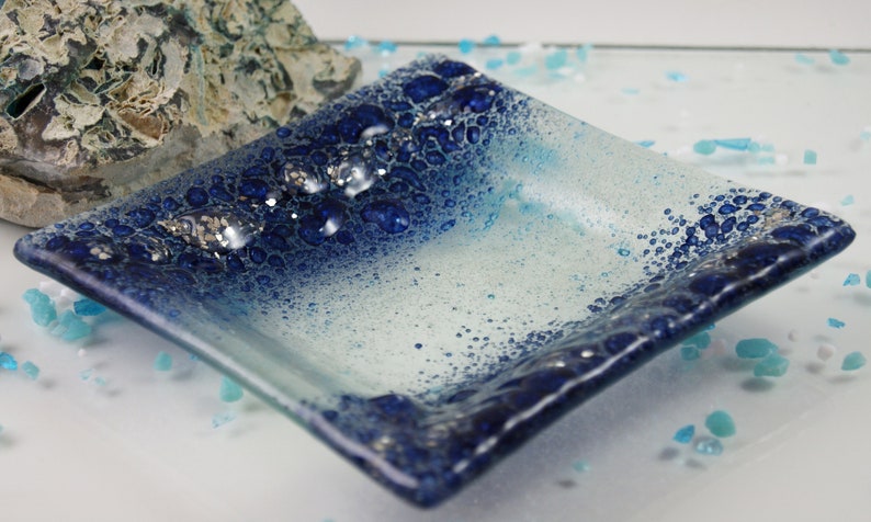 SHORES Sea Glass Handmade Trinket Tray, Blue Bubbles, square dish OOAK image 1