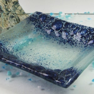 SHORES Sea Glass Handmade Trinket Tray, Blue Bubbles, square dish OOAK image 3