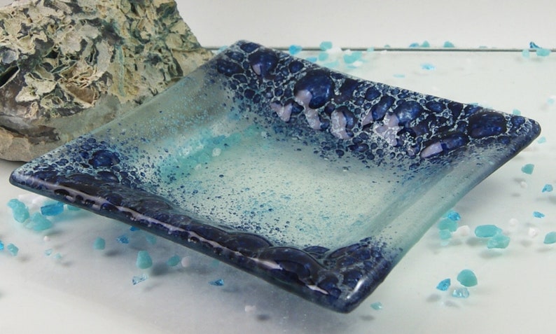 SHORES Sea Glass Handmade Trinket Tray, Blue Bubbles, square dish OOAK image 3
