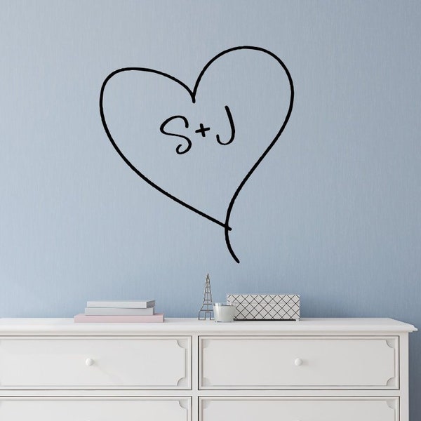 Heart with initial decal - Initial decal for wall - heart with initials wall art - heart with initials wall decor- custom initial wall decal