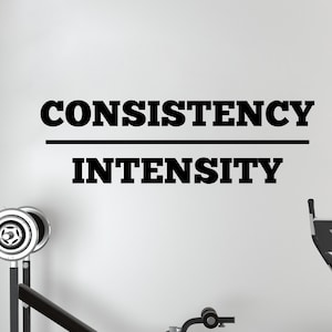 Puede incluir: Texto en blanco y negro en una pared blanca que dice "CONSISTENCY over INTENSITY".