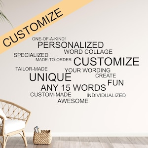 Könnte beinhalten: Eine weiße Wand mit schwarzem Text, der "CUSTOMIZE", "ONE-OF-A-KIND!", "PERSONALIZED", "WORD COLLAGE", "MADE-TO-ORDER", "CUSTOMIZE", "SPECIALIZED", "TAILOR-MADE", "YOUR WORDING", "UNIQUE", "CREATE", "ANY 15 WORDS", "FUN", "CUSTOM-MADE", "INDIVIDUALIZED" und "AWESOME" lautet.