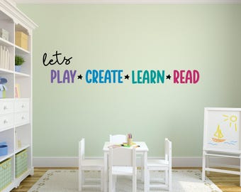 May include: A light green wall with a colorful wall decal that reads "lets PLAY CREATE LEARN READ". There are three white chairs and a white table in front of the wall. A white easel with a drawing of a sailboat and sun is on the right side of the image.