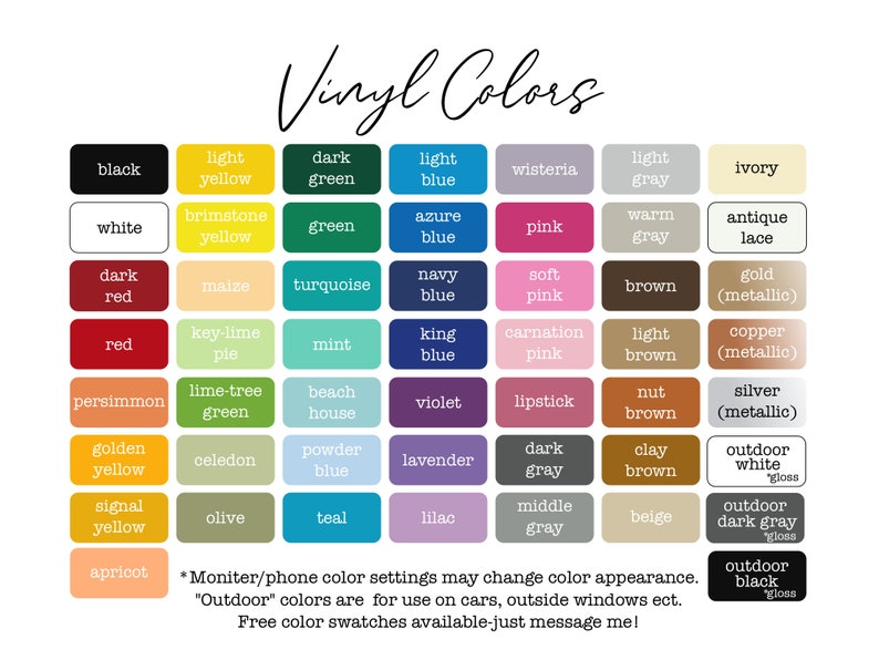 a color chart with the names of different colors