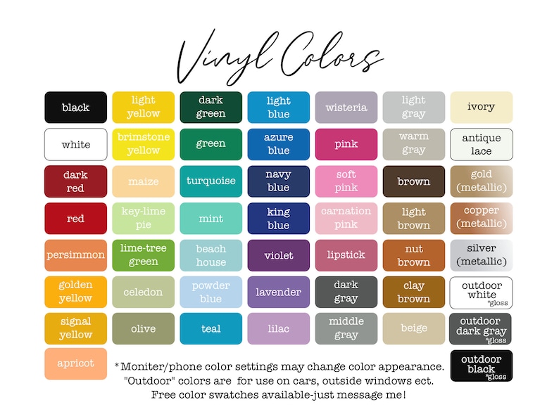 a color chart with the names of different colors
