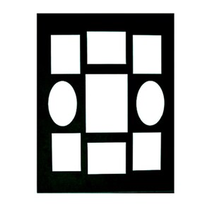 May include: Black picture frame with nine openings for photos. The frame has a rectangular opening in the center and two oval openings on either side of the center opening. The frame is surrounded by a black border.