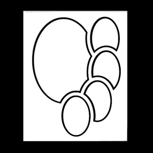 May include: Black and white line drawing of five overlapping circles, forming a pattern. The circles are arranged in a cascading pattern, with the largest circle at the top and the smallest circle at the bottom.