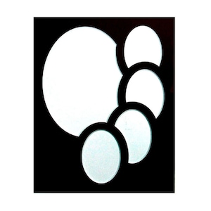 May include: Black framed wall mirror with five round, overlapping mirrors in a cascading design.