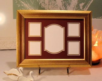 Gold Picture Frame  Conservation Collage Double 5 Opening Mat  the Largest Opening is 3x4.5 UV Protecting Glass Classic Style Red Highlights