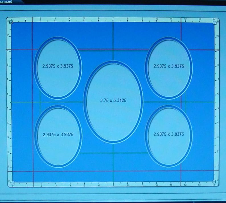 Puede incluir: Una pantalla azul con un patr&oacute;n de cuadr&iacute;cula y cinco c&iacute;rculos blancos. Los c&iacute;rculos est&aacute;n etiquetados con sus dimensiones en pulgadas. Las dimensiones son 2.9375 x 3.9375 pulgadas y 3.75 x 5.3125 pulgadas.