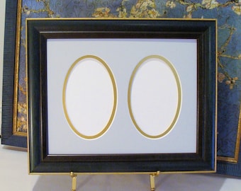 Picture Frame &  Mats  4.75 x 2 3/4" Oval Openings for ACEO's, Trading Cards, Photos  UV Protecting Glass,  Muted Blue / Gold Highlights