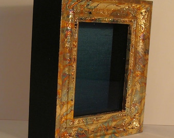 Hand Gilded Shadowbox Picture Frame: Mix of Copper, Gold and Blue Patina, Holds Item  Up To 2.5 x 3 Inches Museum Glass
