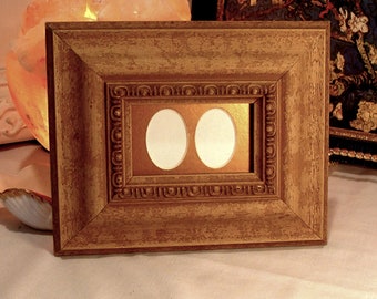 Wood Picture Frame Double Mat Holds Two Tiny 1 1/2" x 2" Photos or Small Cameo Print Oval Openings Choose Mat Color, Museum Glass, Hardware