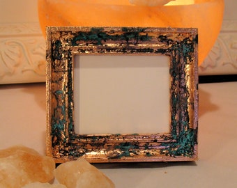 Copper Gilded Picture Frame Antique Blue Patina Finish for Photo Art Holds 2.625 Inx3.125 Inch Wallet Sized Photograph Museum Glass Hardware