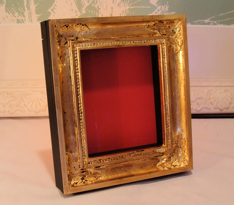 Shadowbox Picture Frame Hand Gilded Gold Leaf  Antique Look for Keepsakes Up to 5.5 x6.5 Inches AR