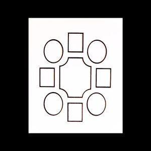 May include: A black and white photo frame template with eight openings. The openings are arranged in a circle around a larger, octagonal opening in the center. The openings are all different shapes, including squares, circles, and octagons.