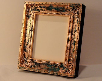 Copper Hand Gilded Picture Frame: with Antique Blue Patina, Museum Glass - Holds 2.5x3 Inch Art or Photo