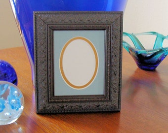 Ornate Wood Picture Frame Coffee Finish with Patina Holds 2 1/2 x 3 1/2 In ACEO Photo Art  Museum Glass Linen Blue Mat With Gold Lining