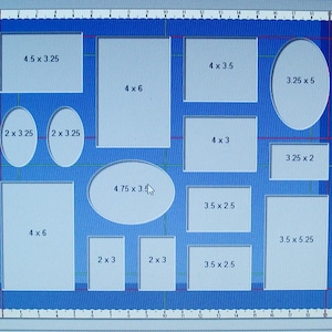 This grid shows the size of the openings on the Collage Picture  Mat for 16x20 Inch Frame 15 Photos Conservation Quality Multi Opening Matting Choose Color Largest Opening 4 x 6  Inches