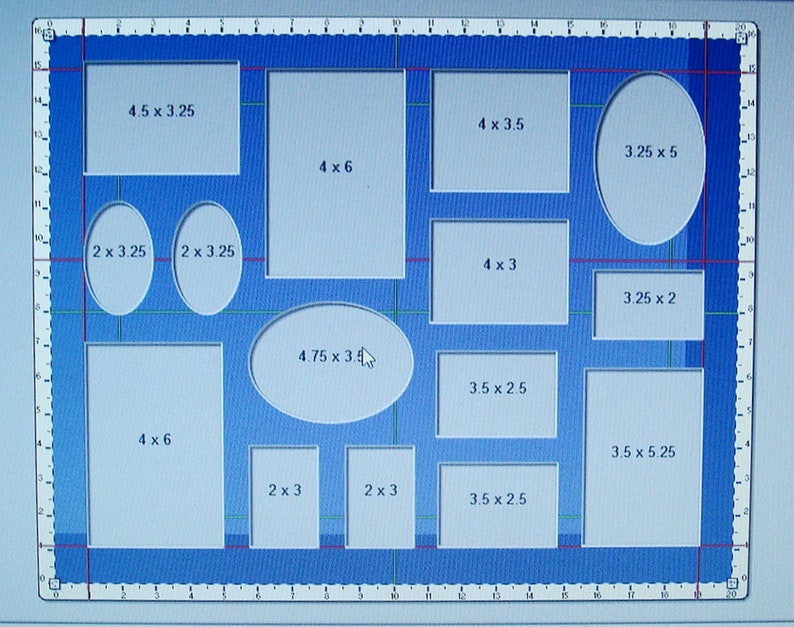 This grid shows the size of the openings on the Collage Picture  Mat for 16x20 Inch Frame 15 Photos Conservation Quality Multi Opening Matting Choose Color Largest Opening 4 x 6  Inches