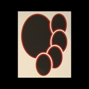 May include: A white background with five red-outlined circles, each with a black interior. The circles are arranged in a semi-circle shape, with the largest circle at the top and the smallest circles at the bottom.