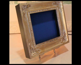 Shadowbox Picture Frame Hand Gilded Silver Leaf: Antique Look for Keepsakes Up to 5.5 x6.5 Inches AR Glass Color Choice Backing 5/8" Deep