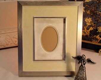 Classic Silver Wood Picture Frame Pale Sage Panel Oval Opening Double Mat for Photos Small Artworks UV Protecting Glass for 1 3/4 x 2 1/2"