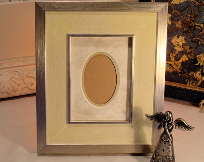 Featured listing image: Classic Silver Wood Picture Frame Pale Sage Panel Oval Opening Double Mat for Photos Small Artworks UV Protecting Glass for 1 3/4 x 2 1/2"