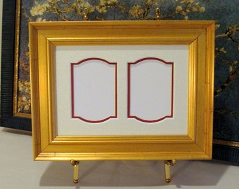 Gold Wood Picture Frame Holds Two  2 x 3 Small Wallet Size Photos or Prints Choose Mat Color Double Opening Conservation Glass