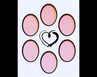 Six Oval Mat Holds 6 3x4 Photos In  11 x14 Picture Frame Conservation Quality Collage Matte Color Choice Cut Art Heart in Center