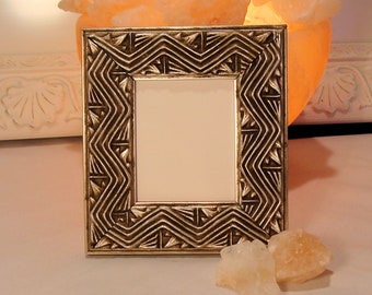 Small Picture Frame Hold 2.5 x 3 Inch Photo Art Aztec Inspired Silver With Patina on Wood Museum Glass Hanging Hardware raised Pattern