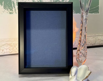 Wood Shadow Box Frame 1 Inch Depth 4.75 x 6.75 Interior Matte Black for Art Objects Jewelry Medals Etc Anti reflective Glass Blue Linen Mat