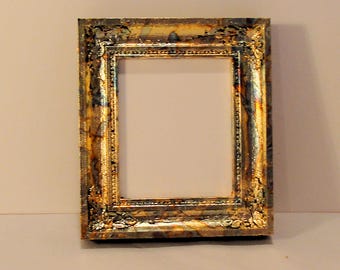 Copper and Gold Variegated Hand Leafed Picture Frame Antique Look with Verdigres  Holds 2.625 Inch x 3.125 Inch Wallet Sized Art Photo Art