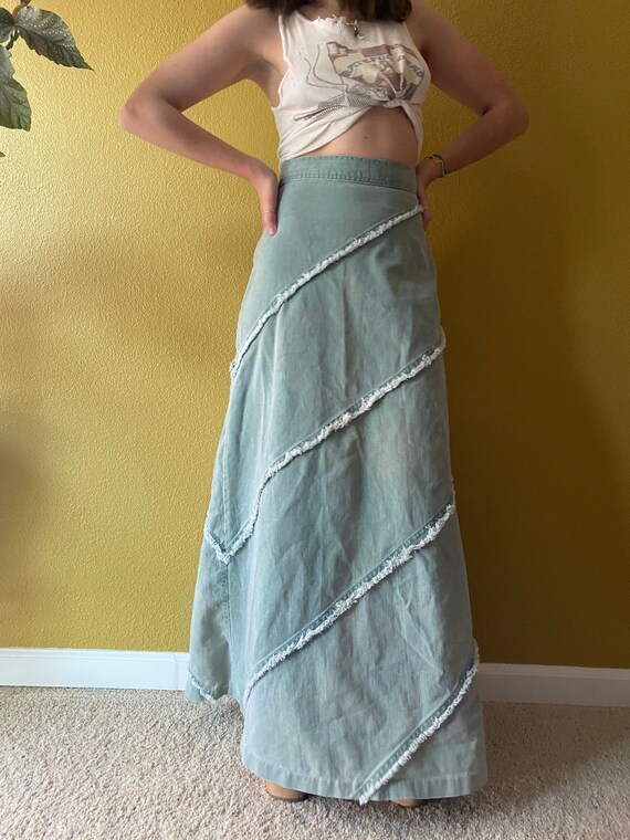 70s Sage green high waist denim maxi skirt with ch