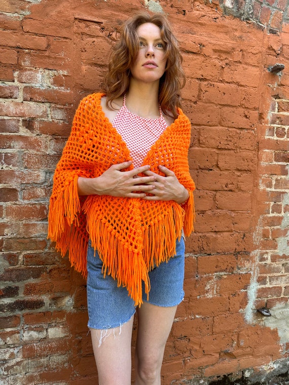 1960s-70s Orange Crochet Poncho