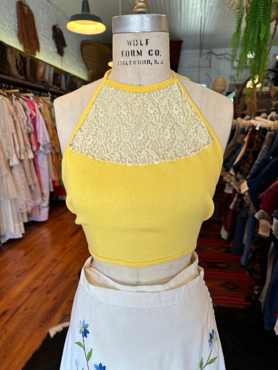 1970s Deadstock Yellow Halter Crop Top with Lace