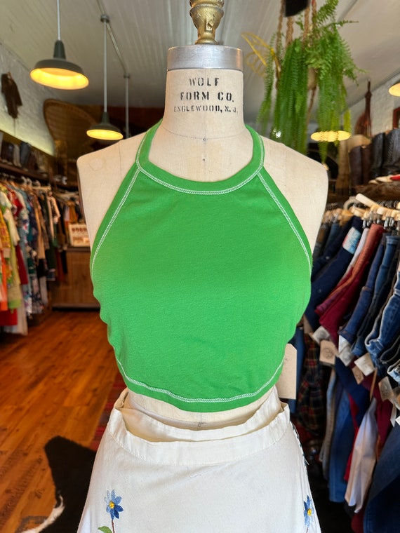 1970s Deadstock Green Halter Crop Top - Small