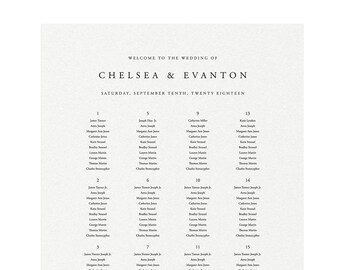May include: A wedding seating chart with a textured, off-white background. The text reads "Welcome to the Wedding of Chelsea & Evanton" and lists guest names in columns. The date "Saturday, September Tenth, Twenty Eighteen" is also displayed.