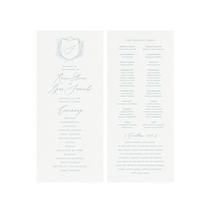 Reese: Plantilla de programa de boda imprimible 4x9 Azul Gris Caligrafía Monograma Cresta Bellas Artes Boda 100% Editable Templett Descarga instantánea