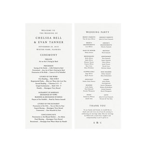 May include: A wedding program with a cream-colored background and elegant, minimalist design. The text includes the names Chelsea Bell and Evan Tanner, the date, and the ceremony details. The program lists the wedding party.