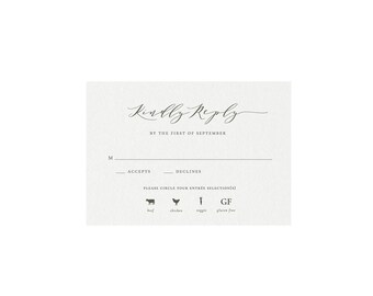 Plantilla de tarjeta de confirmación de asistencia para boda en gris pizarra con iconos de comida (descarga digital)