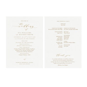 Melia: Ceremony Program Template, 5x7, Gold, Classic Wedding Program, Calligraphy, Classic Elegant, Simply Editable PDF Instant Download