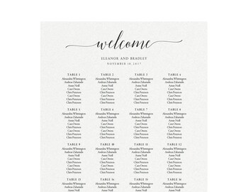 May include: A wedding seating chart with the word "welcome" in elegant script at the top, followed by the names Eleanor and Bradley and the date. Below are tables with guest names.
