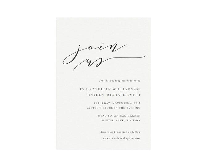 Melia: 5x7 Printable Invitation Template in Black, Join Us, Calligraphy ...