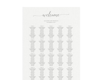 May include: A light beige wedding seating chart with elegant script text. The word "welcome" is at the top, followed by the names "Eleanor and Bradley" and the date. Below are table assignments with guest names.