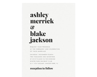 May include: A cream-colored wedding invitation with black text. The names "Ashley Merrick & Blake Jackson" are prominently displayed. Additional text includes the request for presence, ceremony details, and reception information.
