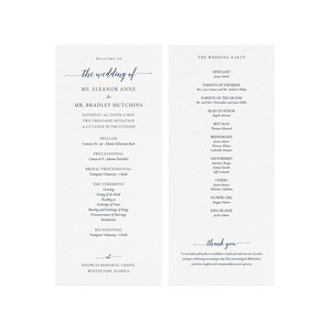 Adel: 4x9 Printable Wedding Program Template in Navy, Classic Elegant Wedding Program, Calligraphy Flat Panel PDF Instant Download